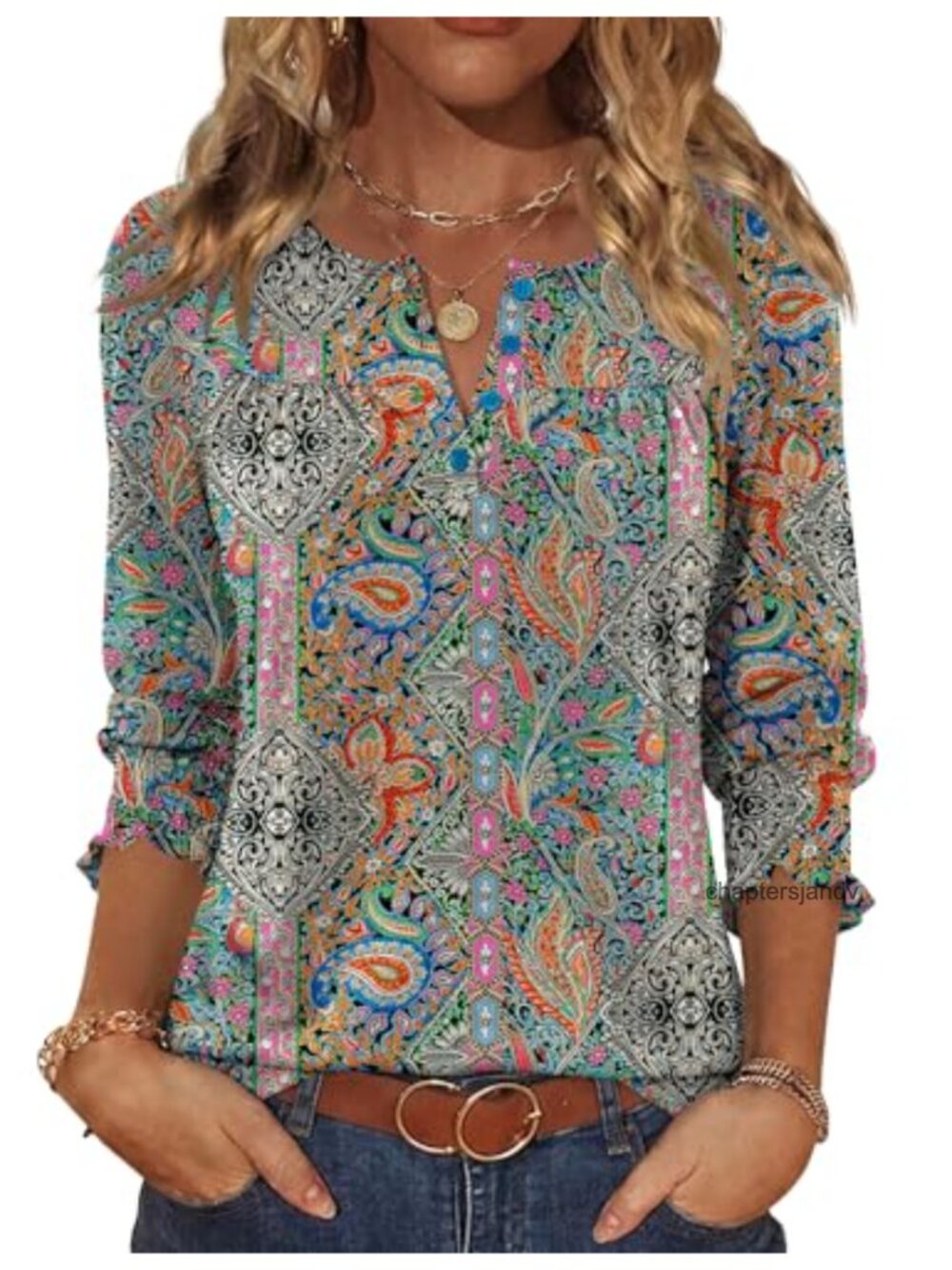 Women's 3/4 Sleeve Pleated Casual Blouse Soft Stretchy Floral Print Top